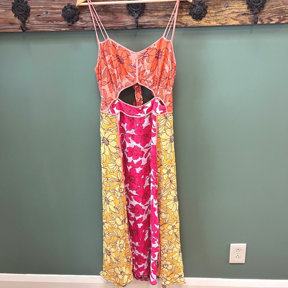 REISS Isla Floral Print Maxi Dress Orange‎ Pink Yellow Cutout Tie Waist